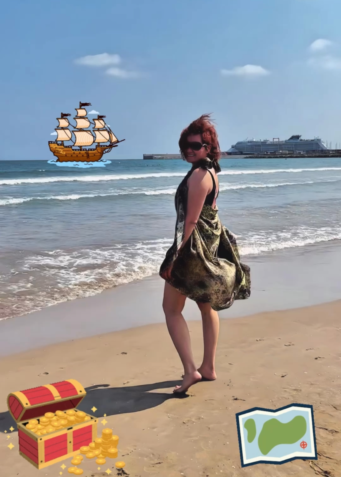 Innessa at the beach with the treasure chest